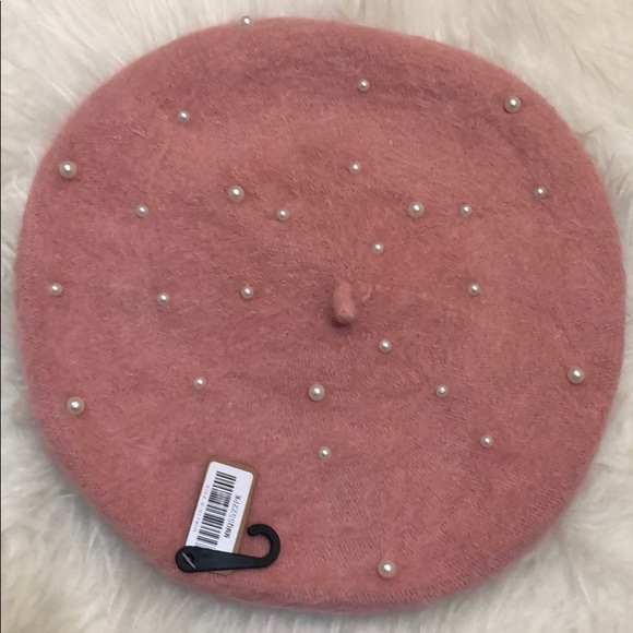 Last 1! PINK or IVORY KNIT FUZZY PEARL BERET - Picture 6 of 8